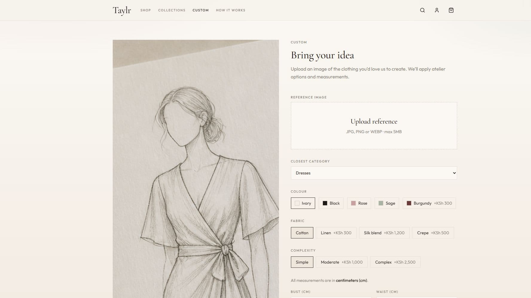 Taylr custom page Bring your idea, with a dress sketch, reference-image upload, category, colour, fabric, and complexity options, plus centimetre measurement inputs.