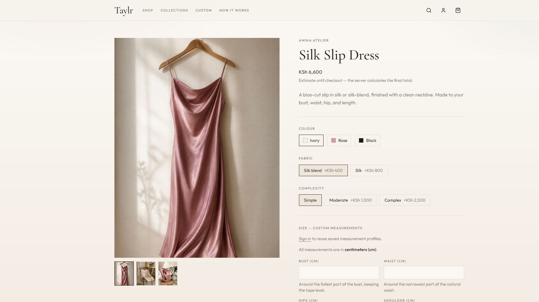 Taylr product page for the Amina Atelier Silk Slip Dress, with a rose silk gallery, colour and fabric options, complexity tiers, and custom centimetre measurement fields.