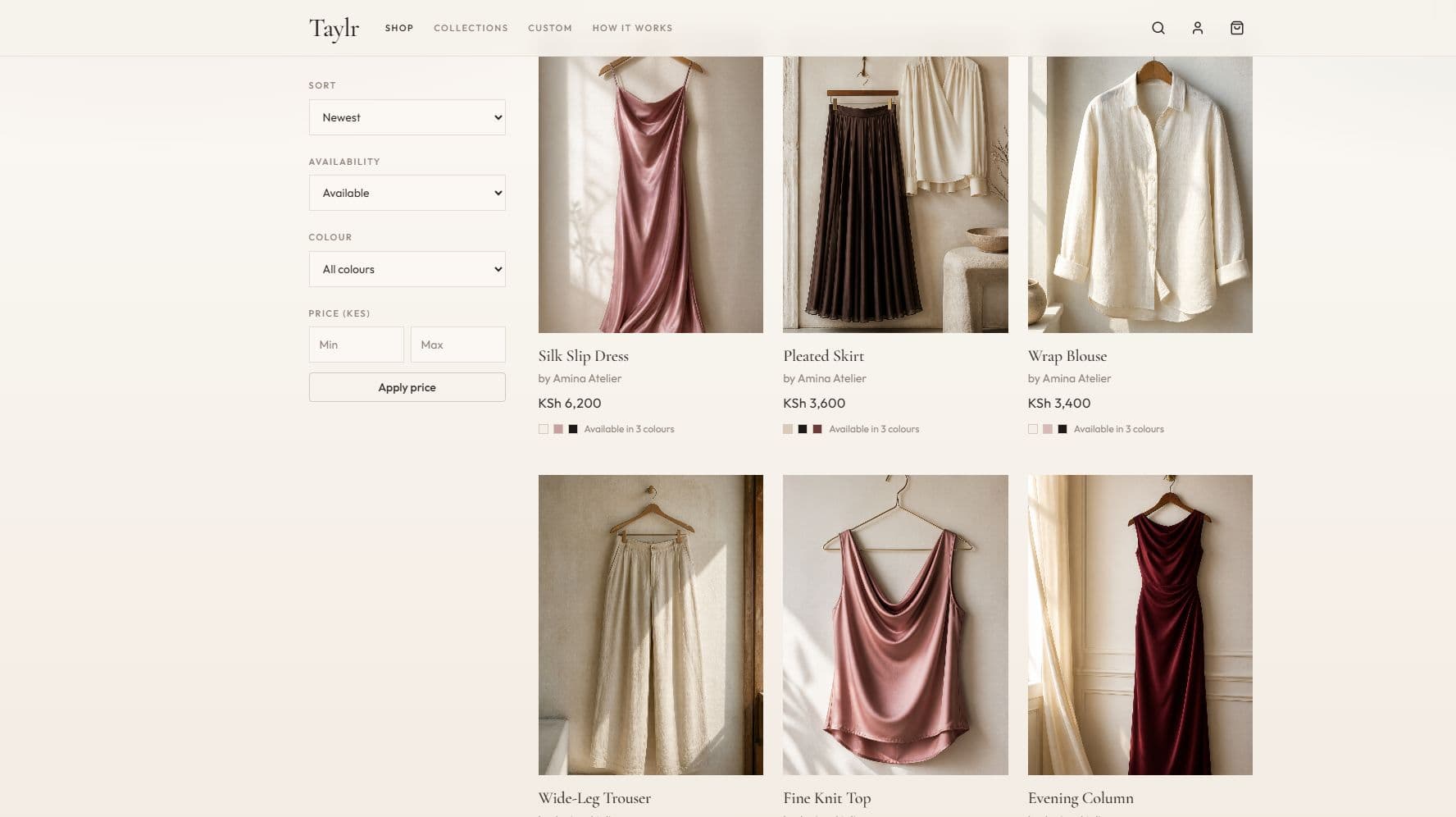 Taylr shop catalog with a left sidebar for sort, availability, colour, and KES price filters beside a product grid of made-to-measure garments.