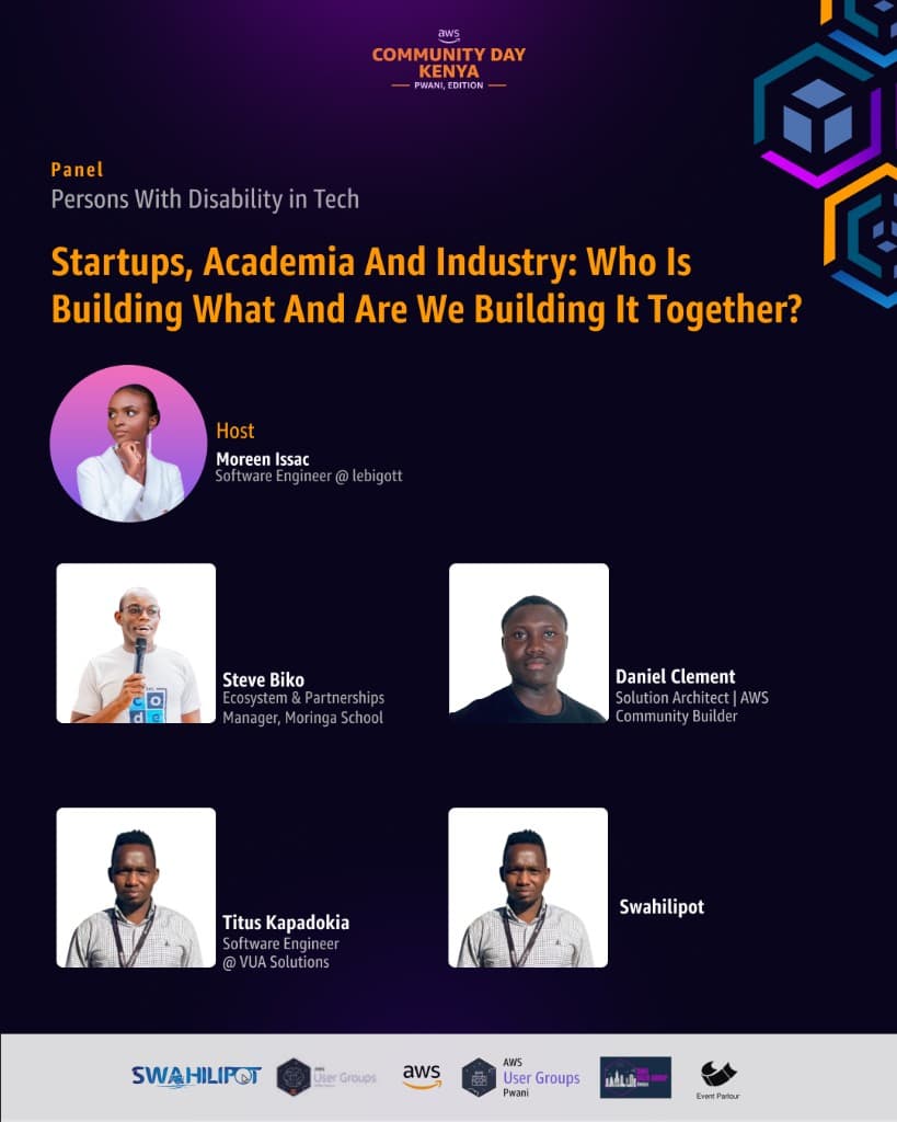 Panel poster for Persons With Disability in Tech at AWS Community Day Kenya Pwani Edition, hosted by Moreen Issac with four panelists.