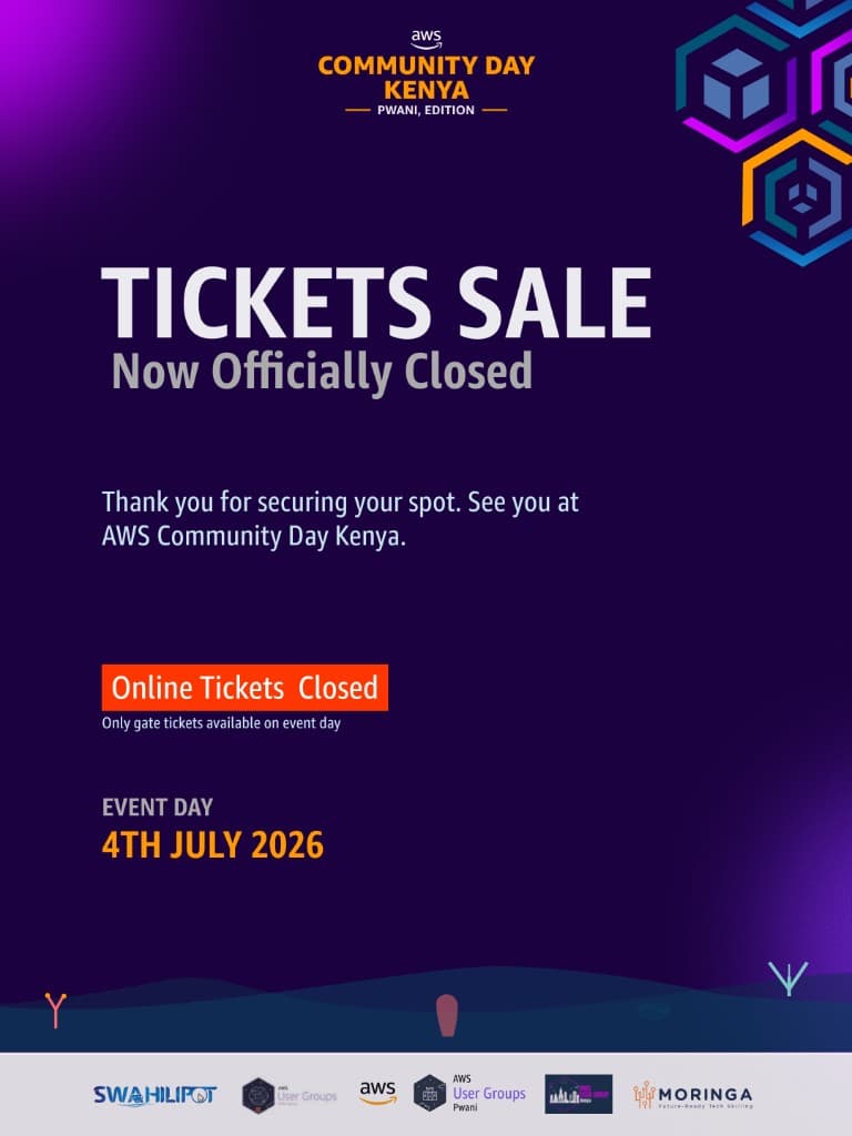 Announcement graphic for AWS Community Day Kenya Pwani Edition stating that online ticket sales are officially closed for the 4 July 2026 event.