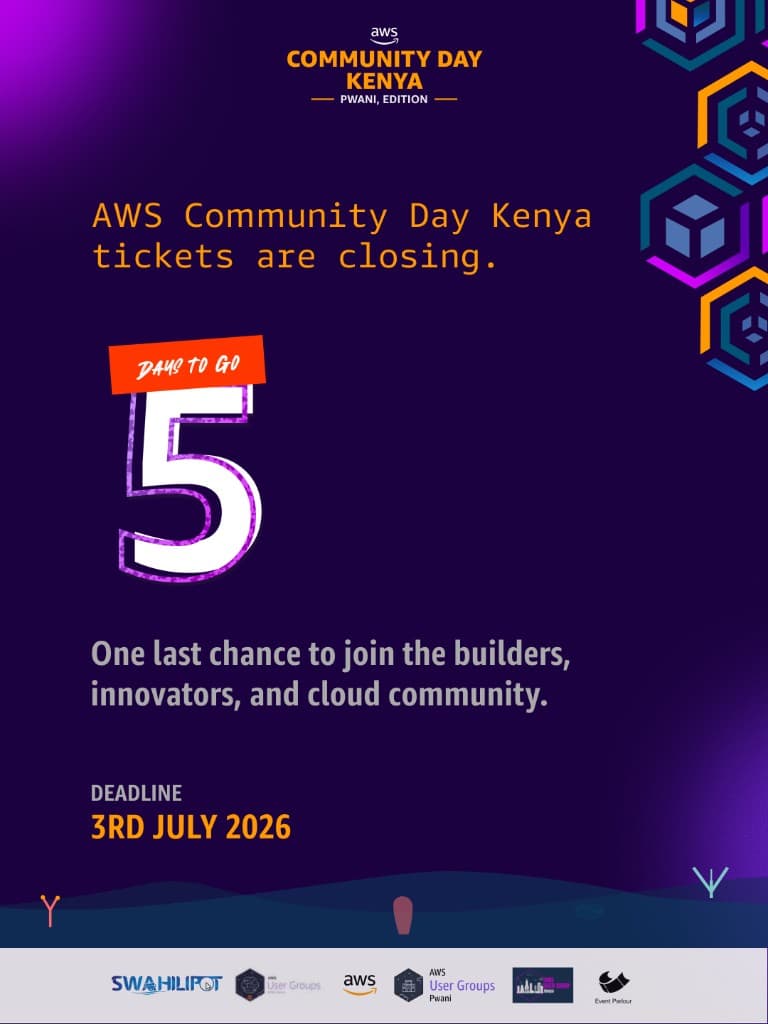 Countdown campaign poster for AWS Community Day Kenya Pwani Edition showing five days to go and a ticket deadline of 3 July 2026.