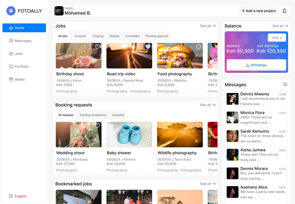 FotoAlly photographer home dashboard with jobs, bookings, wallet, and messages.