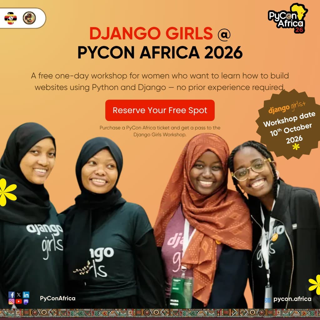 Django Girls at PyCon Africa 2026 flyer showing four smiling women in Django Girls shirts, promoting a free one-day website-building workshop on 10 October 2026.