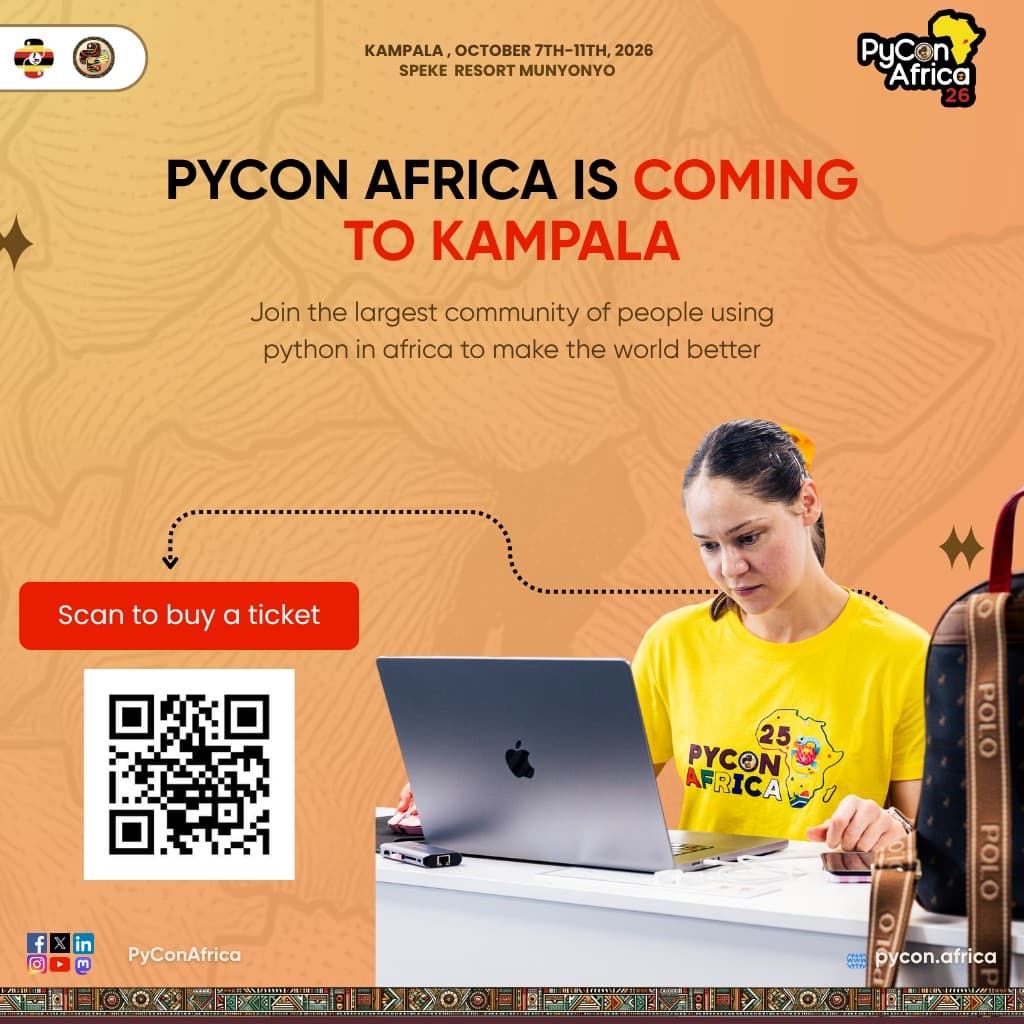PyCon Africa 2026 Kampala campaign poster with ticket QR code and event dates.