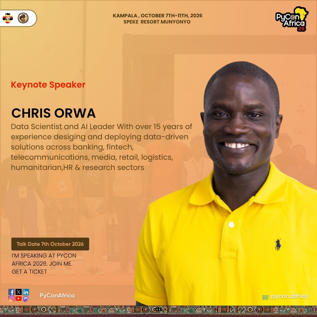 Keynote speaker announcement for Chris Orwa at PyCon Africa 2026 in Kampala, with his portrait in a yellow polo and a talk date of 7 October 2026.