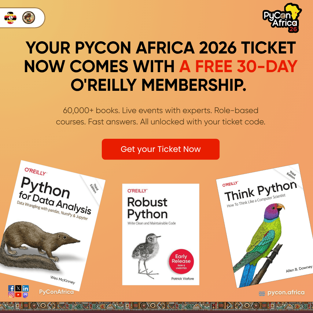 PyCon Africa 2026 graphic announcing a free 30-day O’Reilly membership with every ticket, showing covers of Python for Data Analysis, Robust Python, and Think Python.