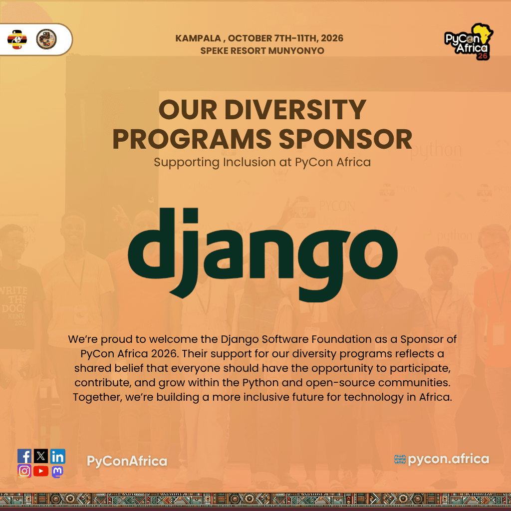 Announcement graphic welcoming the Django Software Foundation as diversity programs sponsor for PyCon Africa 2026.