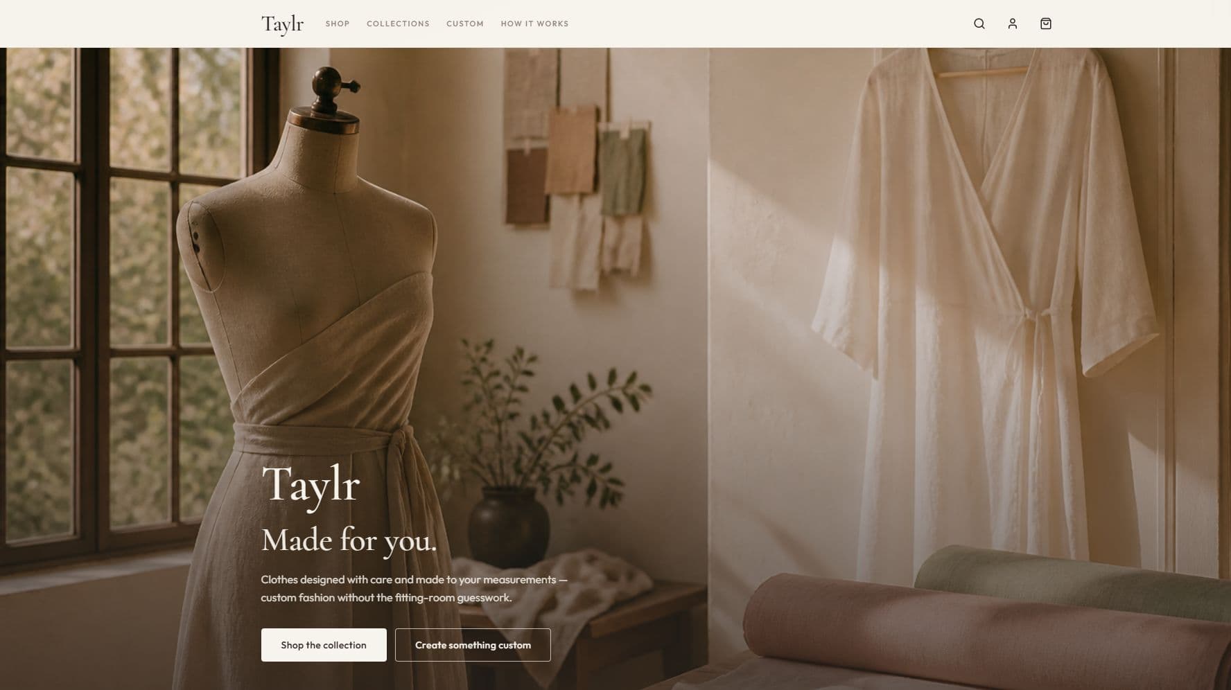 Taylr homepage hero: “Made for you.” over a sunlit atelier with Shop the collection and Create something custom.