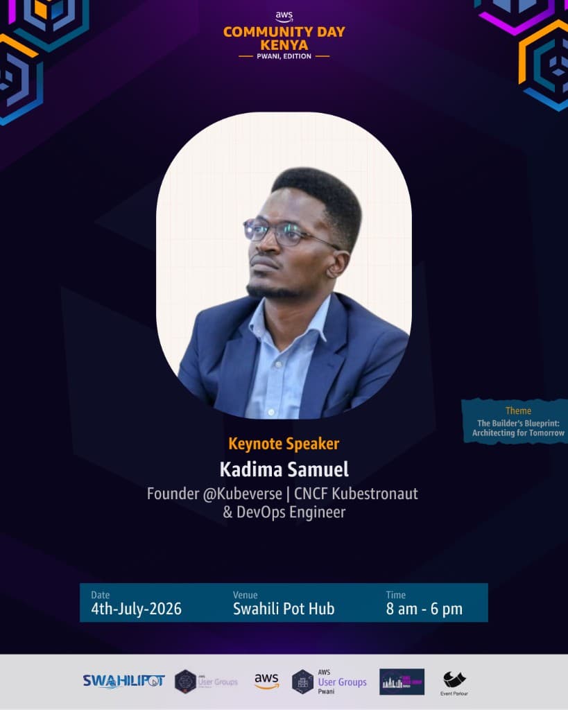 AWS Community Day Kenya Pwani Edition keynote poster featuring Kadima Samuel.